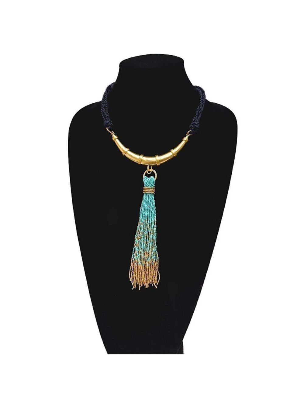 CHICO’S | Navy Rope & Aqua Beaded Tassel Golden Collar Necklace | NEW